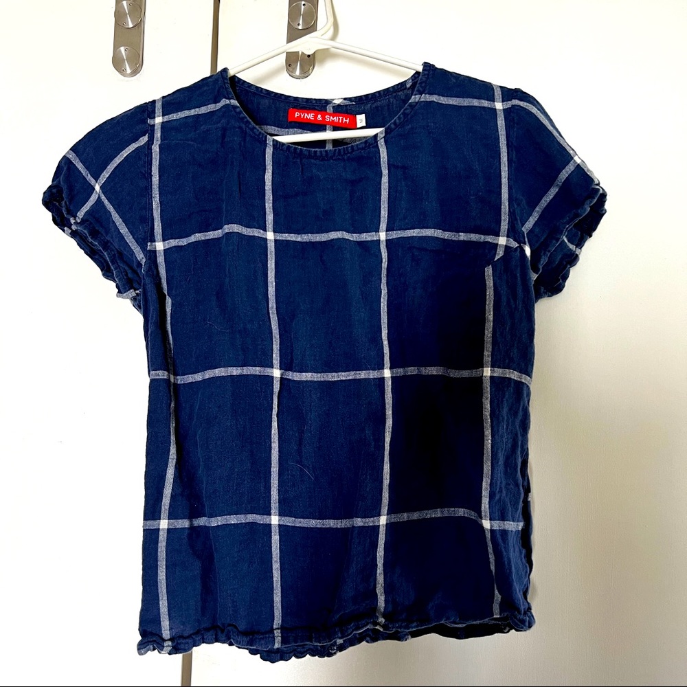 Pyne and Smith Blue Windowpane Linen Blouse, medium